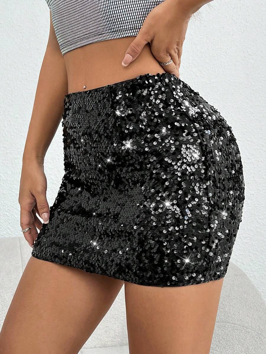SHEIN PETITE Sequin Bodycon Skirt - Black - View 1