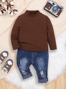 SHEIN Unisex Baby Casual Basic Knit Soft Solid Color Long Sleeve Top With Stand Collar - Brown - View 1