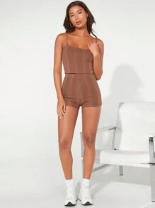 SHEIN BASICS 素色吊帶上衣&騎行褲套裝 - 棕色 - 查看 4