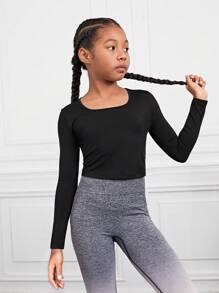 SHEIN Cô gái Tween Chất rắn Cắt dán Buộc lại Mùa vụ Hoạt động Áo thun - màu đen - Xem 5