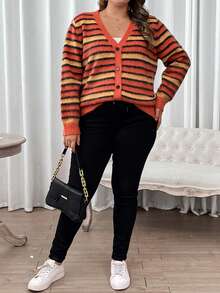 SHEIN Franclia Hơn Mẫu sọc Áo len Mở - Màu Cam san hô - Xem 3