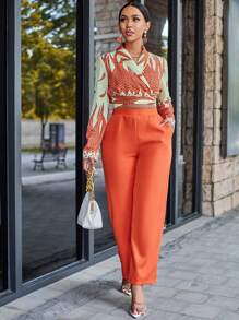 VaVaBold Feather Print Wrap Knot Back Crop Blouse & Pants - Burnt Orange - View 1