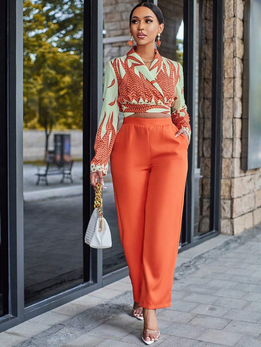 VaVaBold Feather Print Wrap Knot Back Crop Blouse & Pants - Burnt Orange - View 1