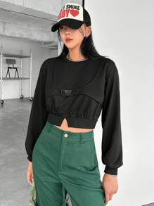 SHEINNeu 推扣細節落肩袖二合一運動衫 - 黑色 - 查看 4