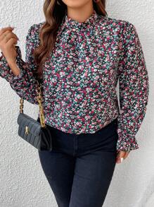 SHEIN Frenchy 大碼小碎花印花喇叭袖襯衫 - 彩色 - 查看 3