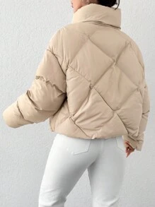 EURMUSE Slant Pocket Zip Up Puffer Coat - Beige - View 2