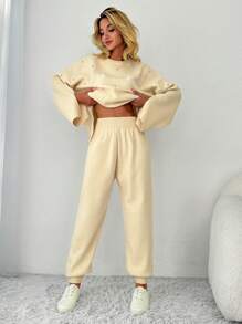 EURMUSE 水鑽細節落肩袖下擺開叉套頭毛衣和針織褲 - 米色 - 查看 5