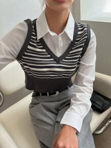 DAZY Chaleco de punto con estampado de rayas sin blusa, top corto de mujer para otoño