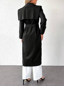 SHEIN Cottnline Double Breasted Belted Trench Coat - Black - View 2