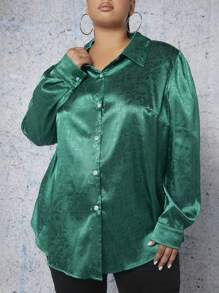 SHEIN CURVE+ Plus Jacquard Button Up Shirt - Dark Green - View 1