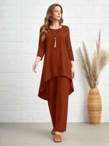 EMERY ROSE Solid High Low Hem Top & Wide Leg Pants - Redwood - View 5