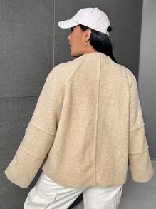 SHEIN EZwear Hơn Dây kéo Tay Raglan Áo Teddy Jackets - Màu be - Xem 2