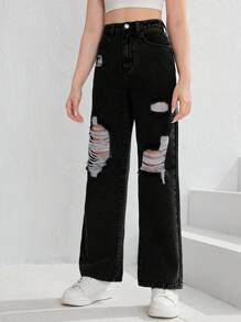 SHEIN Chica adolescente Jeans de pierna recta desgarro - Negro - Ver 3