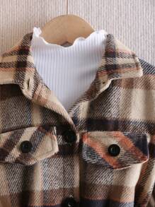 SHEIN Cô Gái Trẻ In kẻ sọc Chi tiết về Flap Thắt lưng Áo khoác Không có áo len - màu nâu - Xem 5