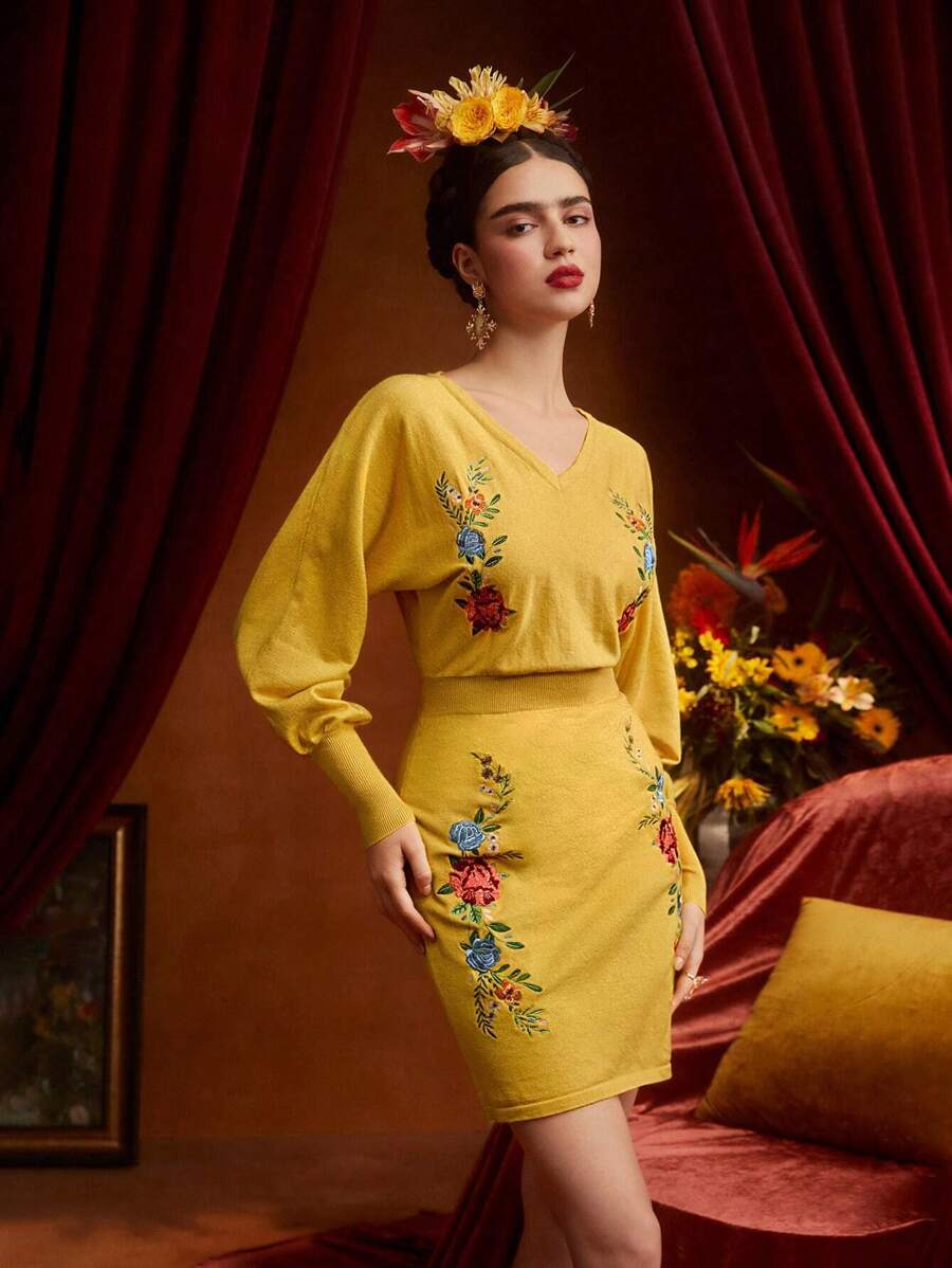 Frida Kahlo X SHEIN 花卉刺繡燈籠袖毛衣洋裝 - 黃色 - 查看 1