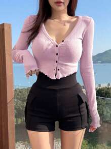 DAZY 實色鈕扣前短袖t恤 - 藕粉色 - 查看 6