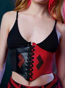 Harley Quinn | ROMWE Mujer 1 pieza Cinturón corsé de color combinado con diseño de diamante de imitación con cordón - Negro - Ver 1