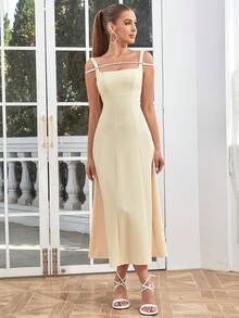 Chất rắn Cắt bỏ vai Váy Dây - Màu be - Xem 5