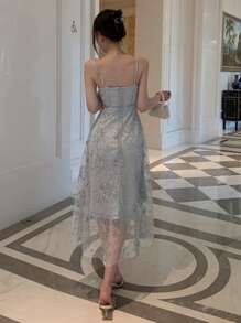 DAZY Contrast Sequin Mesh Overlay Cami Dress Prom Dress - Grey - View 2