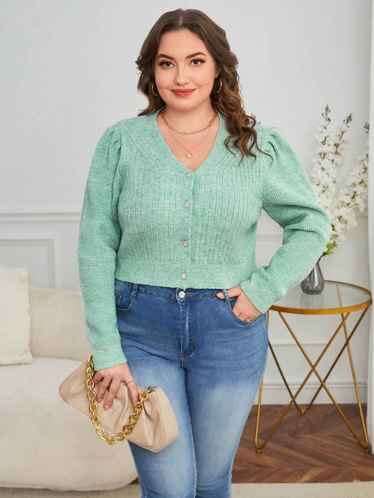 Plus Puff Sleeve Button Front Cardigan