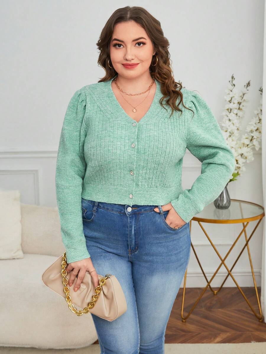 SHEIN Essnce 大碼泡泡袖前紐扣開襟衫 - 綠色 - 查看 1