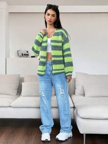 SHEIN Qutie Striped Pattern Drop Shoulder Cardigan - Multicolor - View 6