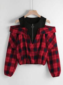 Flirla Plus Plaid Print Cold Shoulder Half Zip 2 In 1 Blouse - Red - View 1