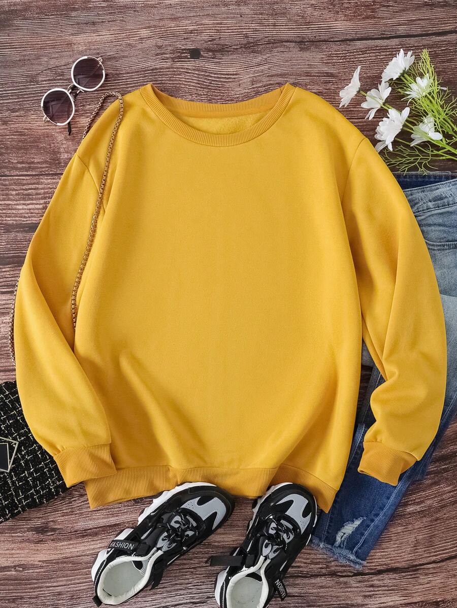 SHEIN EZwear Chất rắn Lót nhiệt Áo nỉ - Màu vàng - Xem 1