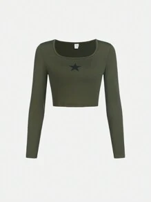 SHEIN Teen Girl Star Print Scoop Neck Tee - Army Green - View 1