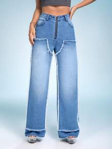 SHEIN ICON Zíper Mosca Acabamento Bruto Perna Larga Jeans - Azul - Ver 5