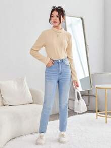 Chicas adolescentes Camiseta de cuello tortuga tejido de canalé - Albaricoque - Ver 4