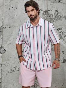 Manfinity Homme Men Plus Striped Print Shirt & Shorts - Pink - View 6