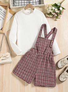 SHEIN Tween Girl Mock Neck Tee & Plaid Tweed Overall Romper - Red and White - View 3