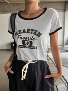 DAZY Camiseta unida en contraste con estampado de letra - Gris - Ver 4