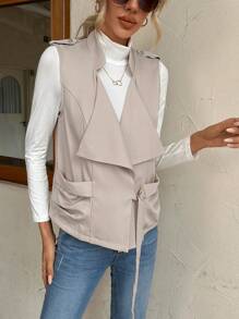 SHEIN LUNE Waterfall Collar Draped Ruched Vest Jacket - Khaki - View 1