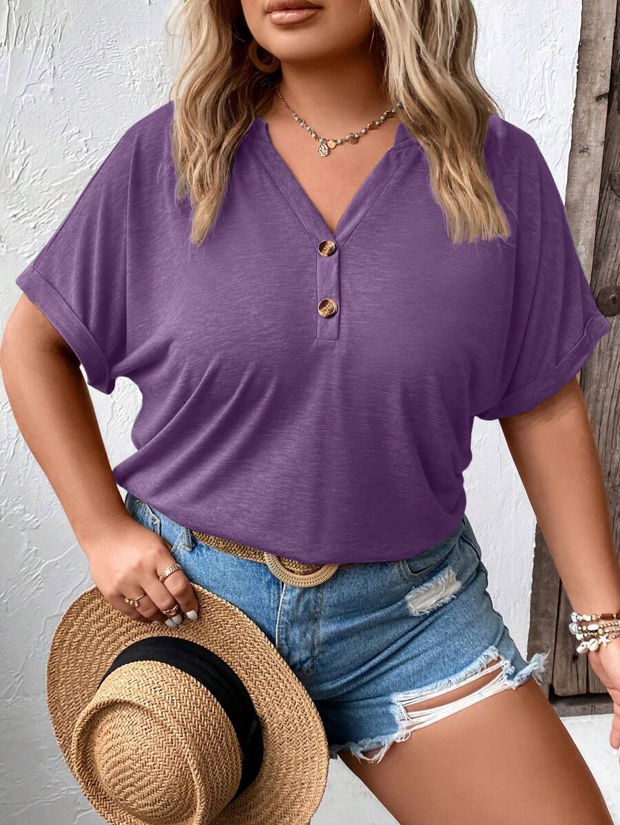 SHEIN Unity 大碼半排扣蝙蝠袖T恤 - 紫色 - 查看 1