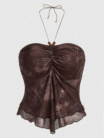 ROMWE Hippie เสื้อท็อปคล้องคอ พิมพ์ ลายลูกน้ำ จับจีบ