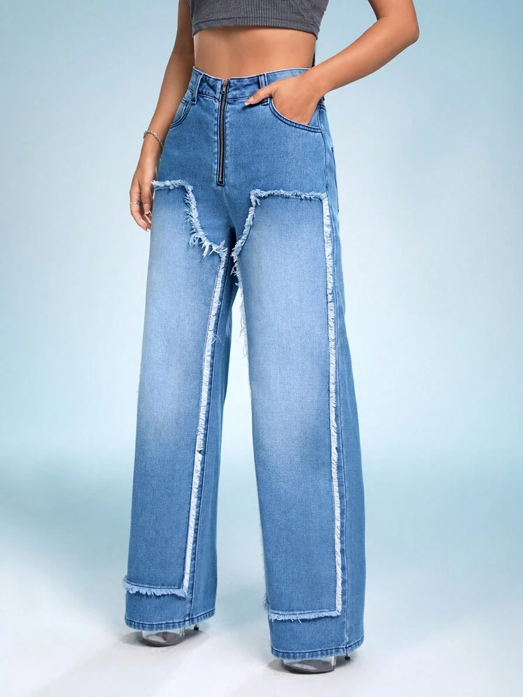 Zipper Fly Raw Trim Wide Leg Jeans