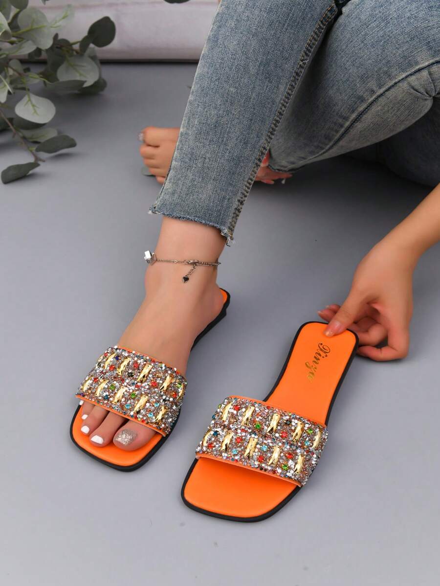 Women's Flat Heel Sparkly Sandals - Orange - View 1