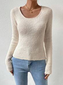 SHEIN Essnce Solid Scoop Neck Fuzzy Knit Sweater - White - View 3