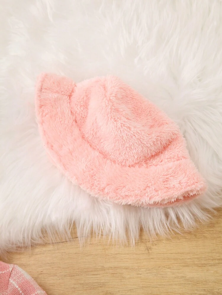 Young Girl Plaid Double Breasted Borg Collar Coat & Hat