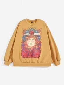 SHEIN EZwear Hơn In mặt trời Thả vai Áo nỉ - Màu vàng - Xem 9