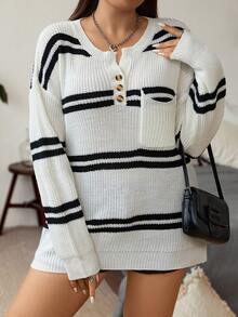 Flirla 加大码条纹图案落肩针织套头衫秋冬毛衣 - 黑與白 - 查看 4