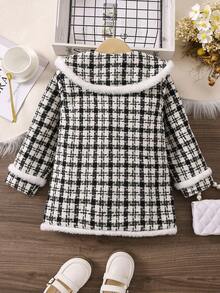 SHEIN Chica Joven Abrigo con patrón de cuadros con lazo delantero cuello marinero tweed - Blanco y Negro - Ver 2