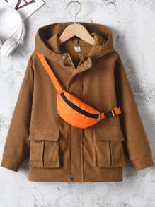 Tween Boy Flap Pocket Hooded Coat & Bag - Brown - View 1