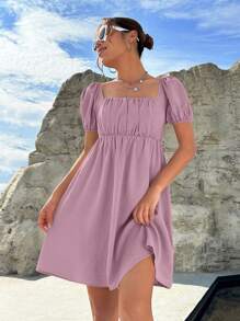SHEIN EZwear Vestido campesino con cuello cuadrado, manga abullonada, busto fruncido - Púrpura polvoriento - Ver 5