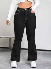 SHEIN ICON 大碼高腰蝴蝶刺繡牛仔喇叭褲 - 黑色 - 查看 2