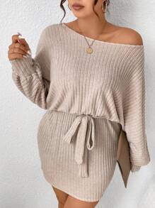 SHEIN Frenchy Hơn Cổ không đối xứng tay cánh Váy có thắt lưng - Màu be - Xem 5