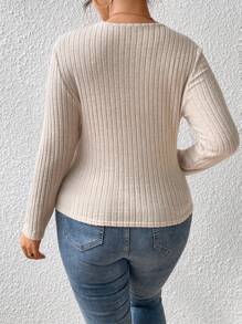 SHEIN Frenchy 大碼半扣羅紋針織T恤 - 杏色 - 查看 2