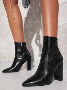Faux Leather Pointed Toe Block Heel Ankle Boots - Black - View 6